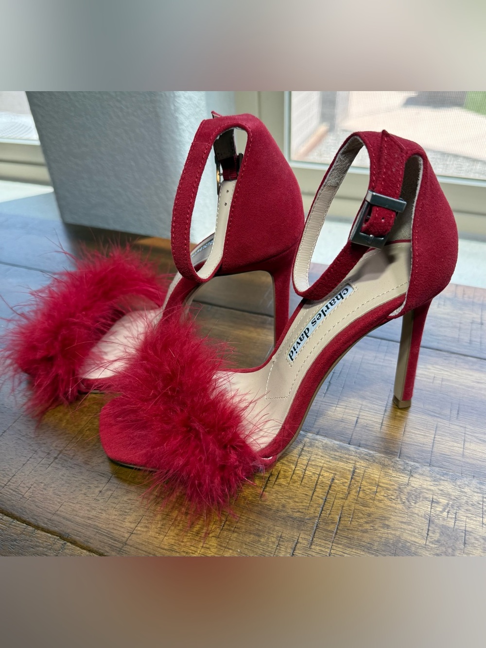 Charles David Red Feather-Trim Suede Ankle-Strap Heels Size 5M